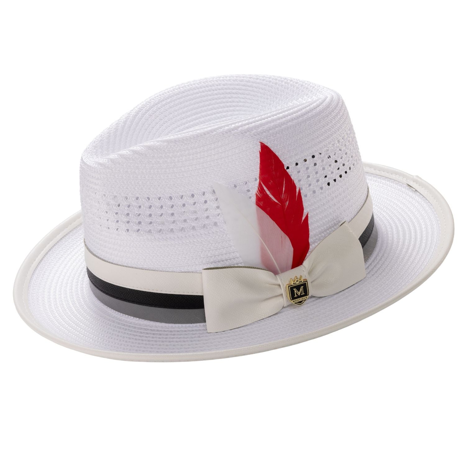 White mesh braided men's fedora hat with striped ribbon and red feather accent.