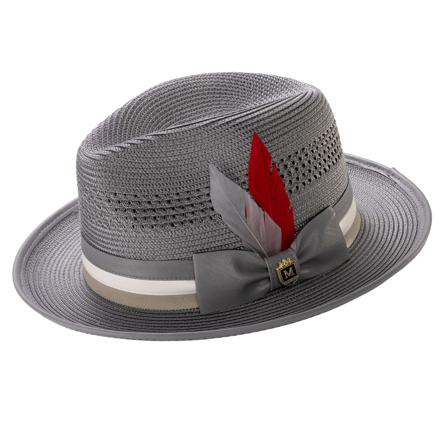 Grey mesh braided men's fedora hat with striped ribbon and red feather accent.
