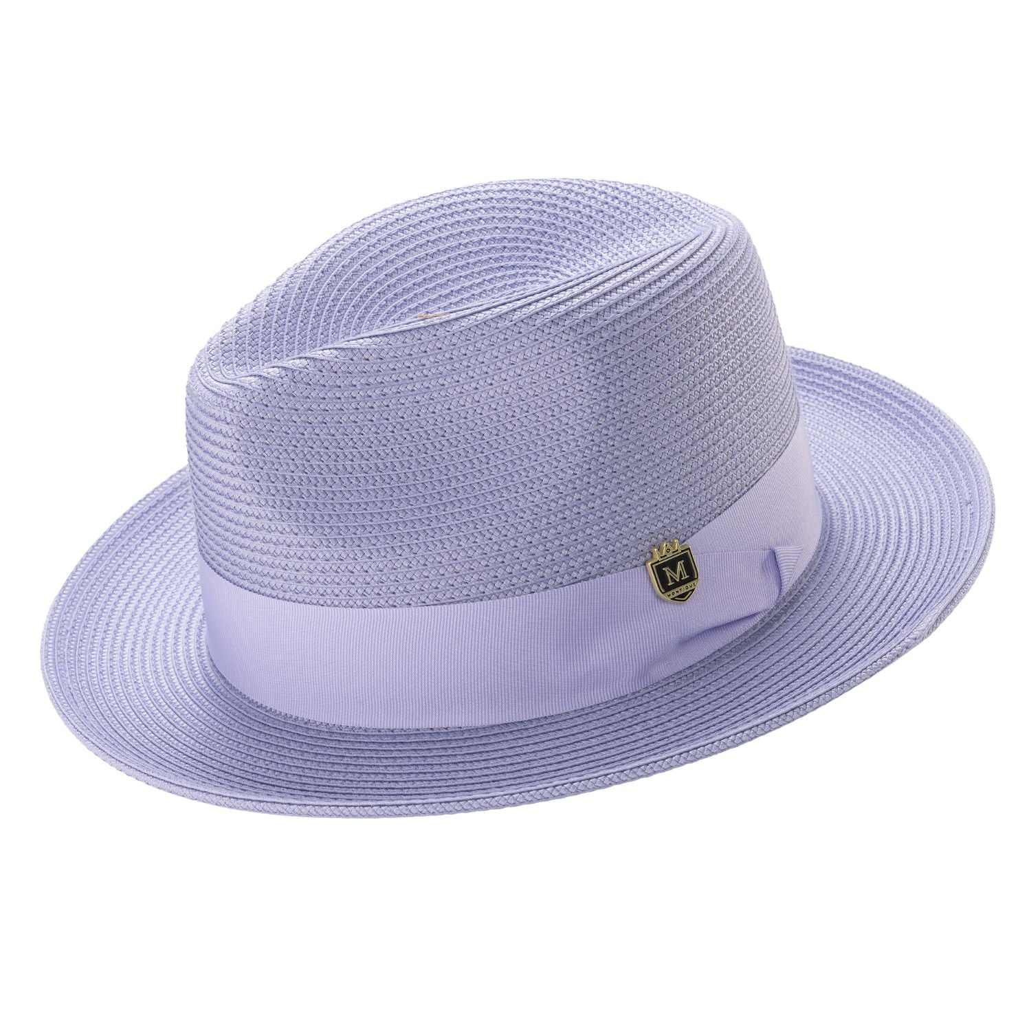 lilac braided wide brim pinch crown fedora with grosgrain ribbon band