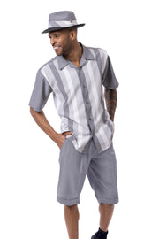 Grey Vertical Stripe 2-Piece Walking Suit Shorts Set