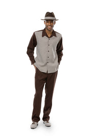 Montique Men's Brown 2-Piece Checkered Long Sleeve Walking Suit Set