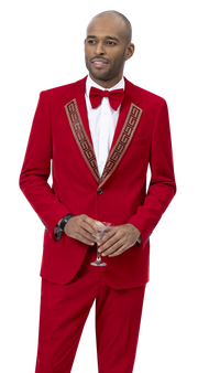 Velvet 2-Piece Fashion Suit with Sequin Lapel - Red