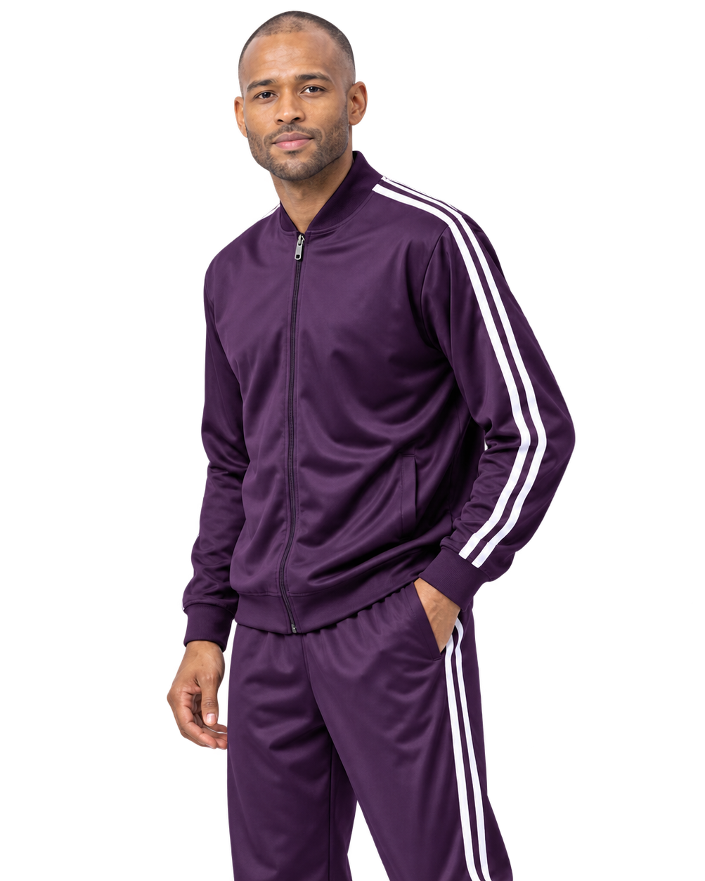 man in plum colored matching tracksuit set