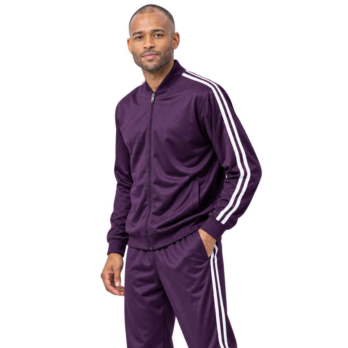 man in plum colored matching tracksuit set