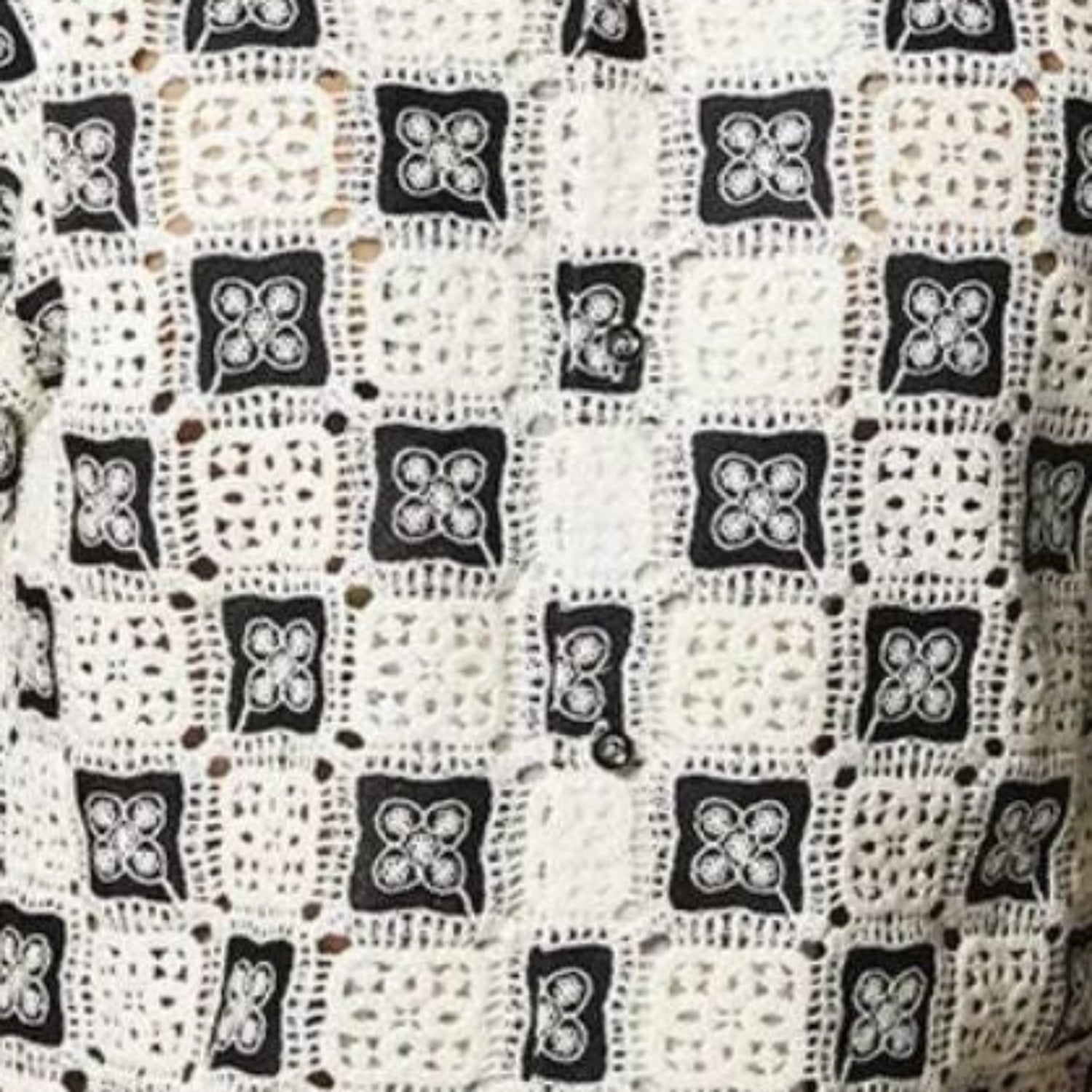 Close up of Stacy Adams black and ivory crochet woven geometric fabric pattern