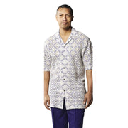 Men’s Blue Geometric Floral Crochet Woven Short Sleeve Shirt