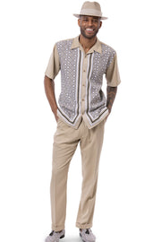 Montique 2 Piece Short Sleeve Walking Suit with Symmetrical Argyle Design - Khaki
