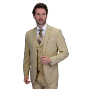 Men’s 3 Piece Sharkskin Suit with Vest - Modern Fit Tan