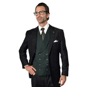 Black and Hunter 3-Piece Plaid Suit with Double-Breasted Vest - Modern Fit