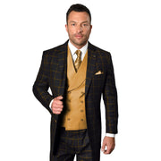 Black and Taupe 3-Piece Plaid Suit with Double-Breasted Vest - Modern Fit