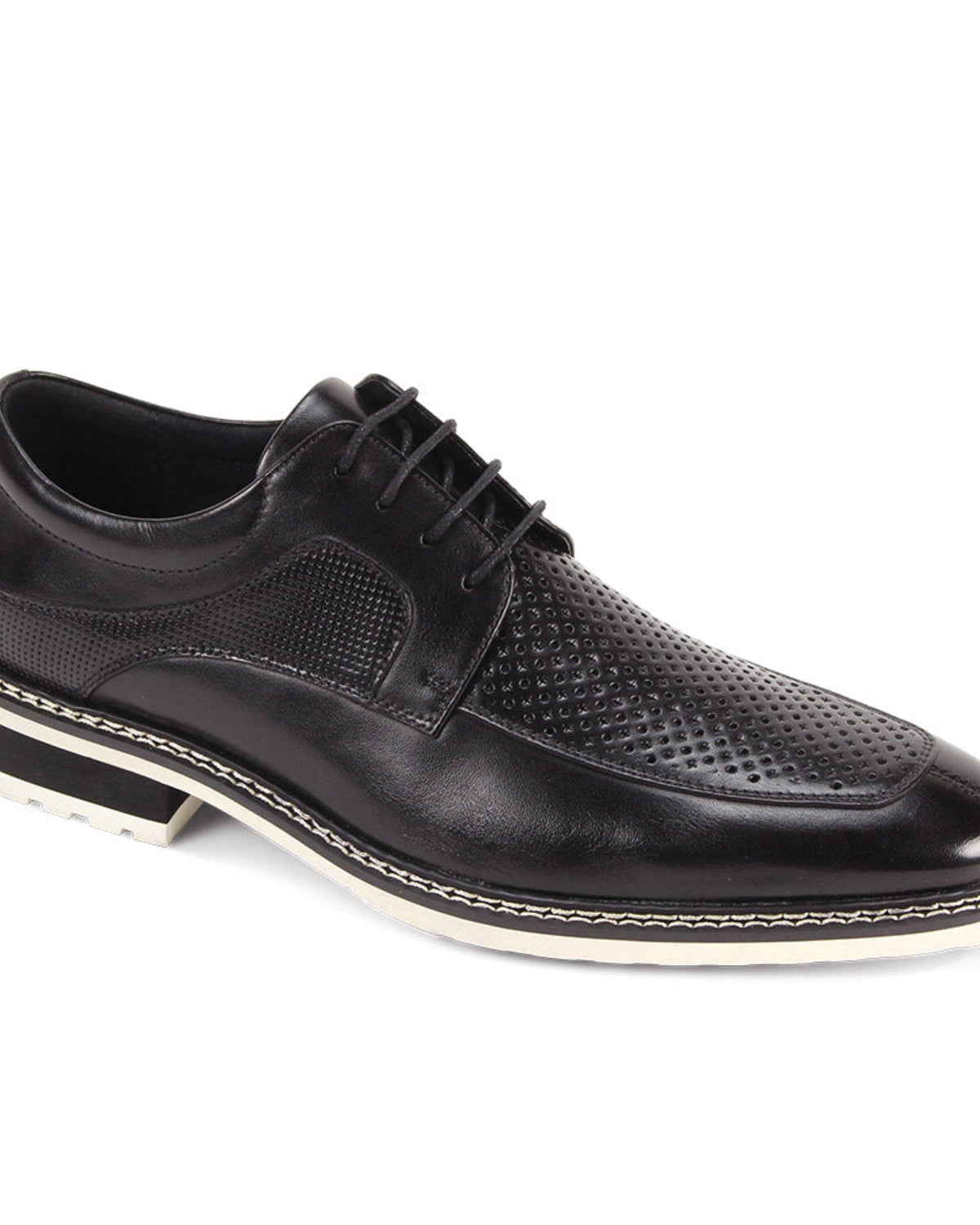 Black perforated leather moc toe lace-up dress shoe side view