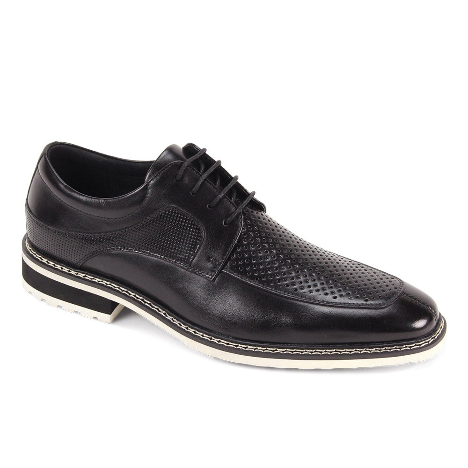 Black perforated leather moc toe lace-up dress shoe side view
