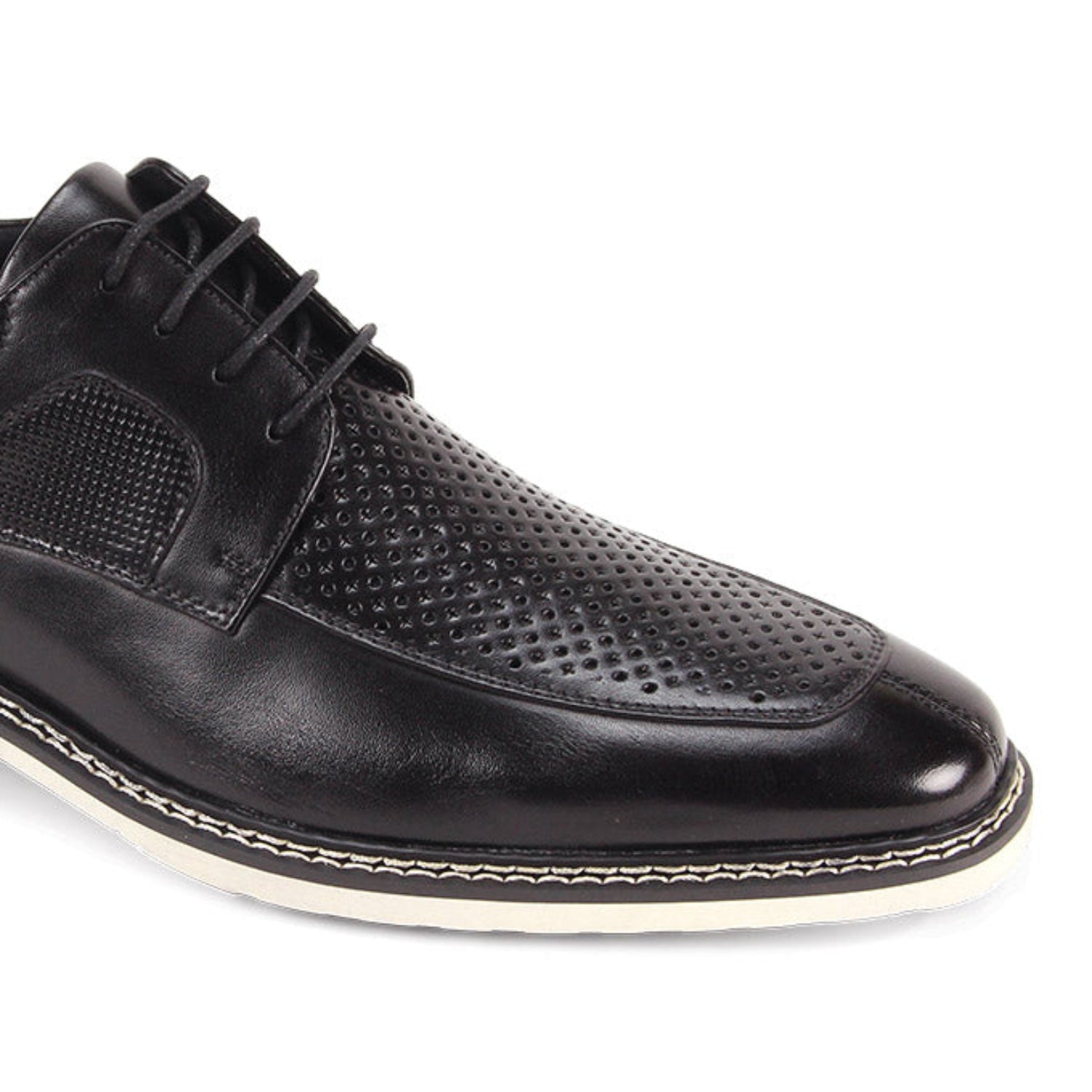 close-up perforated leather detail black moc toe dress shoe