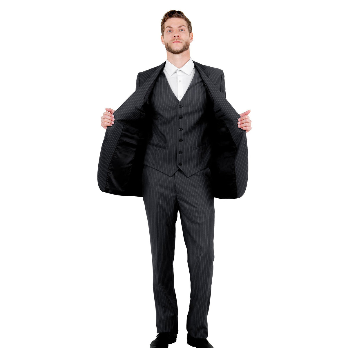 Black Pinstripe Three-Piece Suit — garment detail