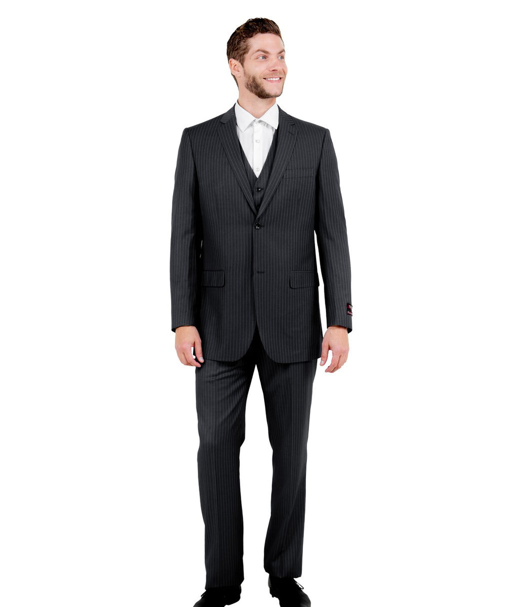 Designer Affordable Inexpensive Wool Classic Pinstripe Black Suit