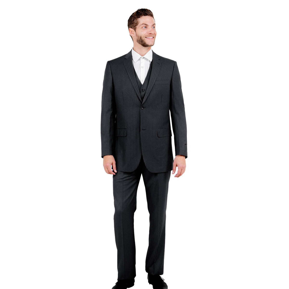Black Pinstripe Three-Piece Suit — model view