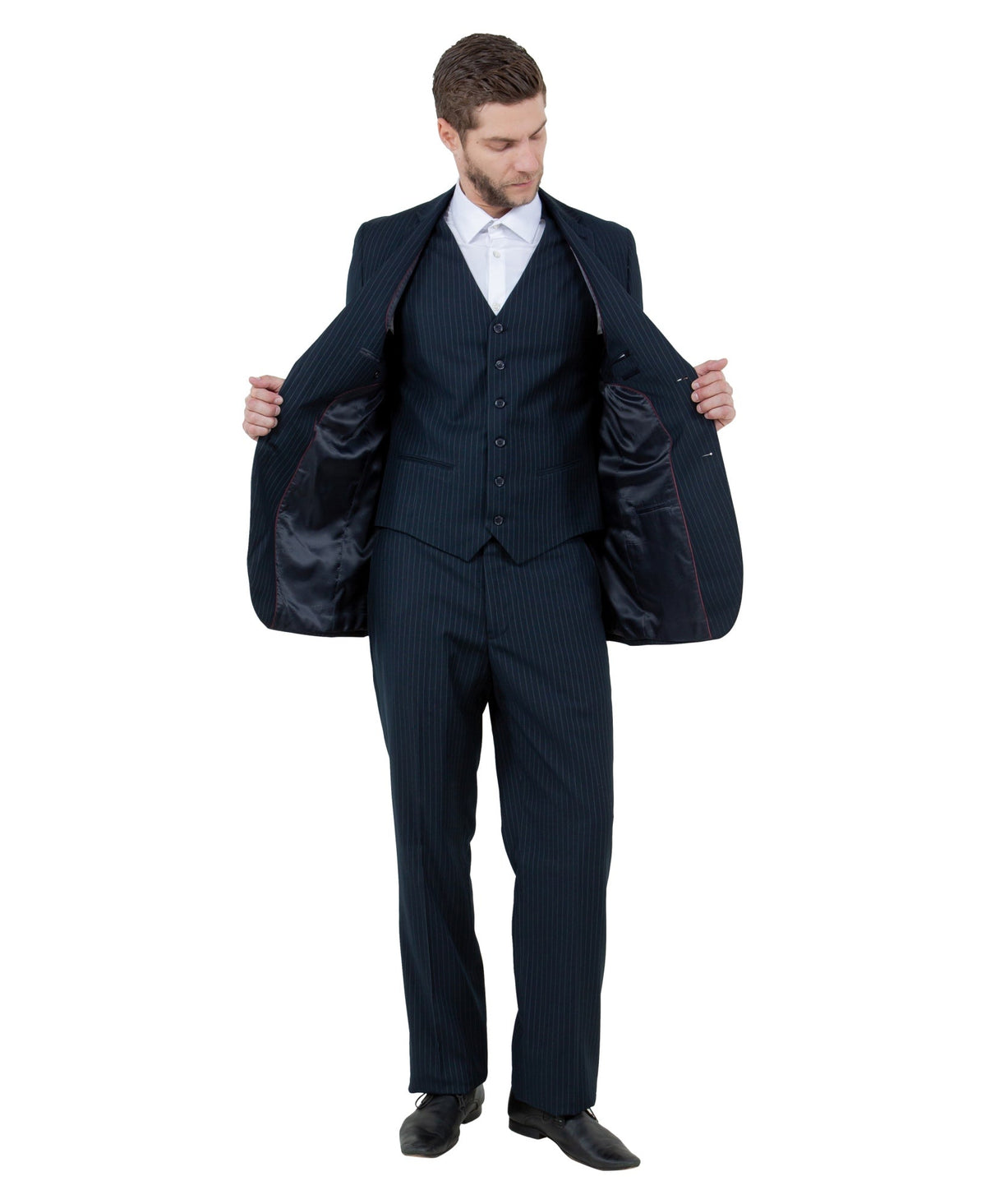 Navy Pinstripe Three-Piece Suit — garment detail