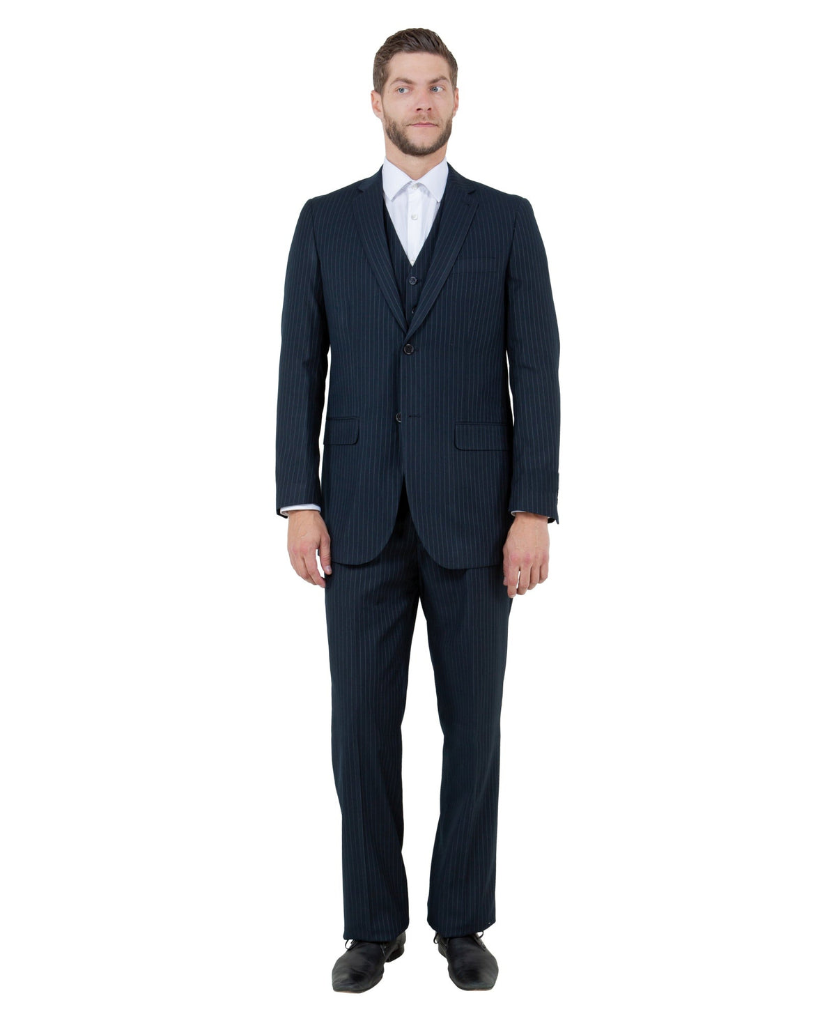 Navy Pinstripe Three-Piece Suit — model view
