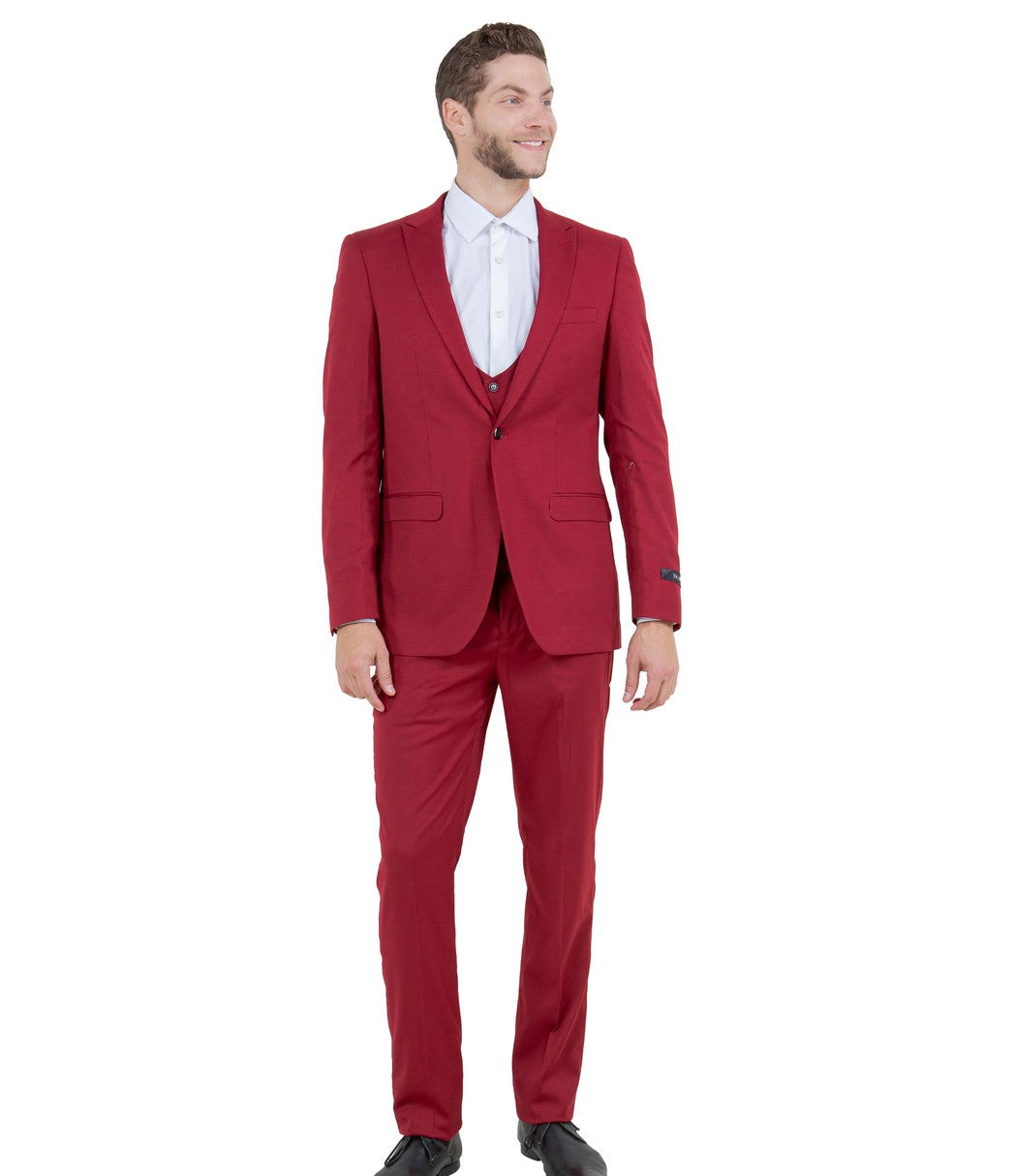 Ultra Slim 3-Piece Peak Lapel Suit with U-Shape Vest - Cherry Red