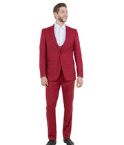 Ultra Slim 3-Piece Peak Lapel Suit with U-Shape Vest - Cherry Red