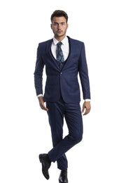 Men's 3 Piece Glen Check Single Button Ultra Slim Fit Suit - Blue