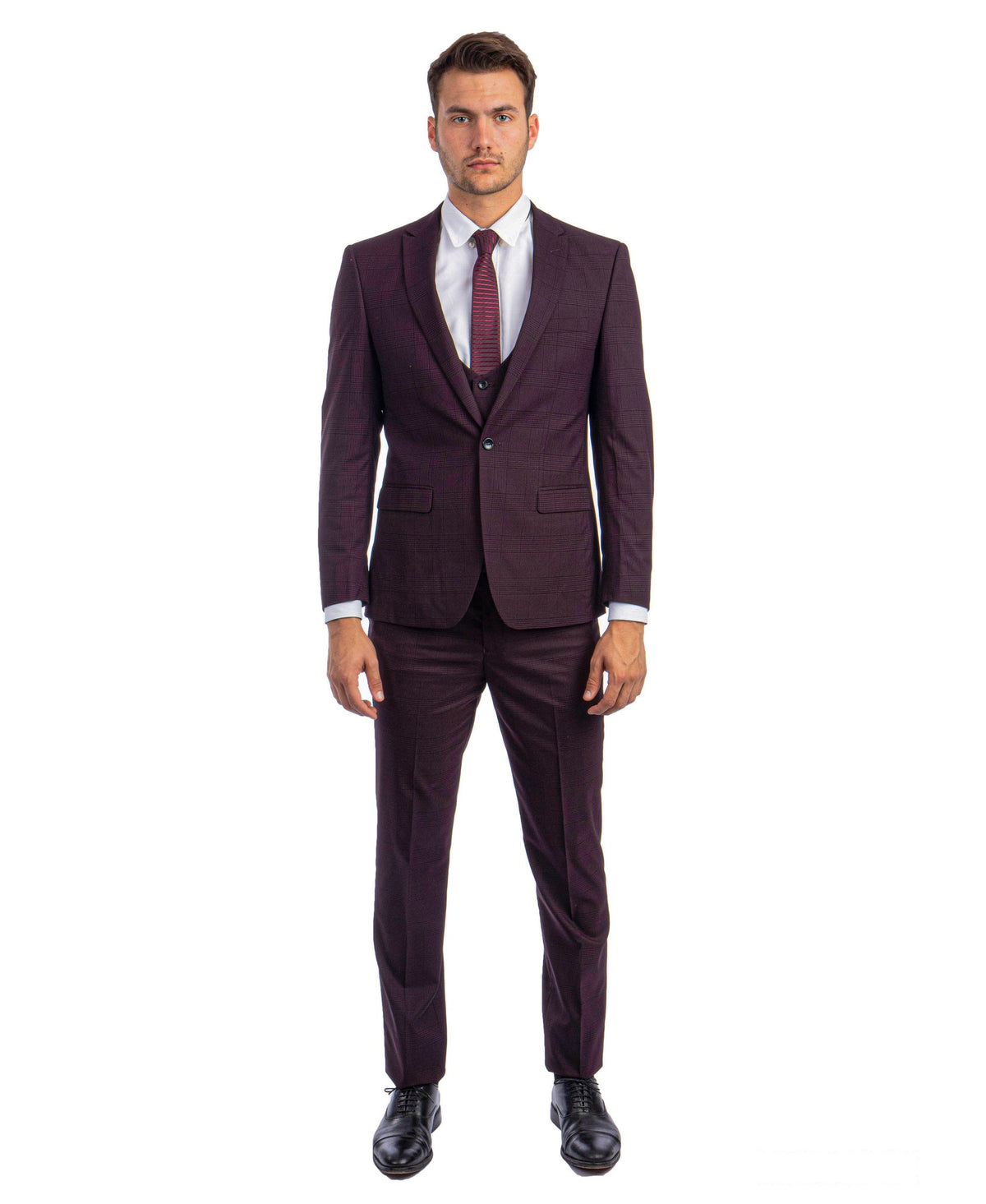 Burgundy Glen Check Three-Piece Suit — model view