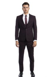 Men's 3 Piece Glen Check Single Button Ultra Slim Fit Suit - Burgundy