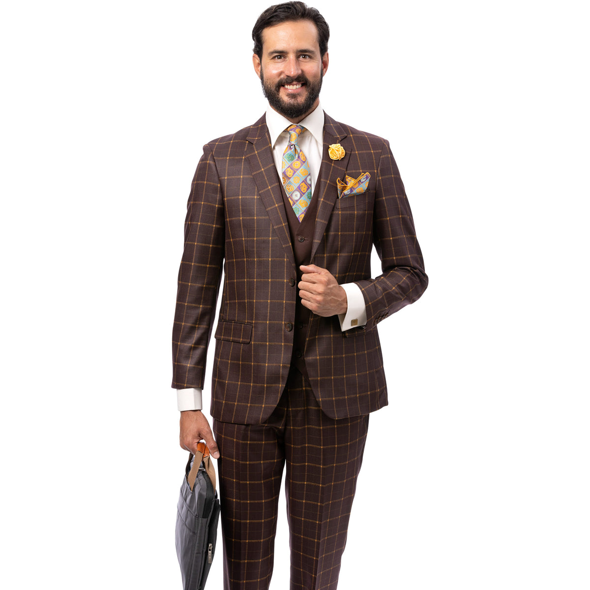 Refined Elegance Brown Plaid Three-piece Suit – Suits & More