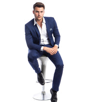 Men's 3 Piece Glen Check Single Button Ultra Slim Fit Suit - Dark Blue