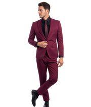 Men's Skinny Fit 2 Piece Suit with Satin Shawl Lapel - Burgundy
