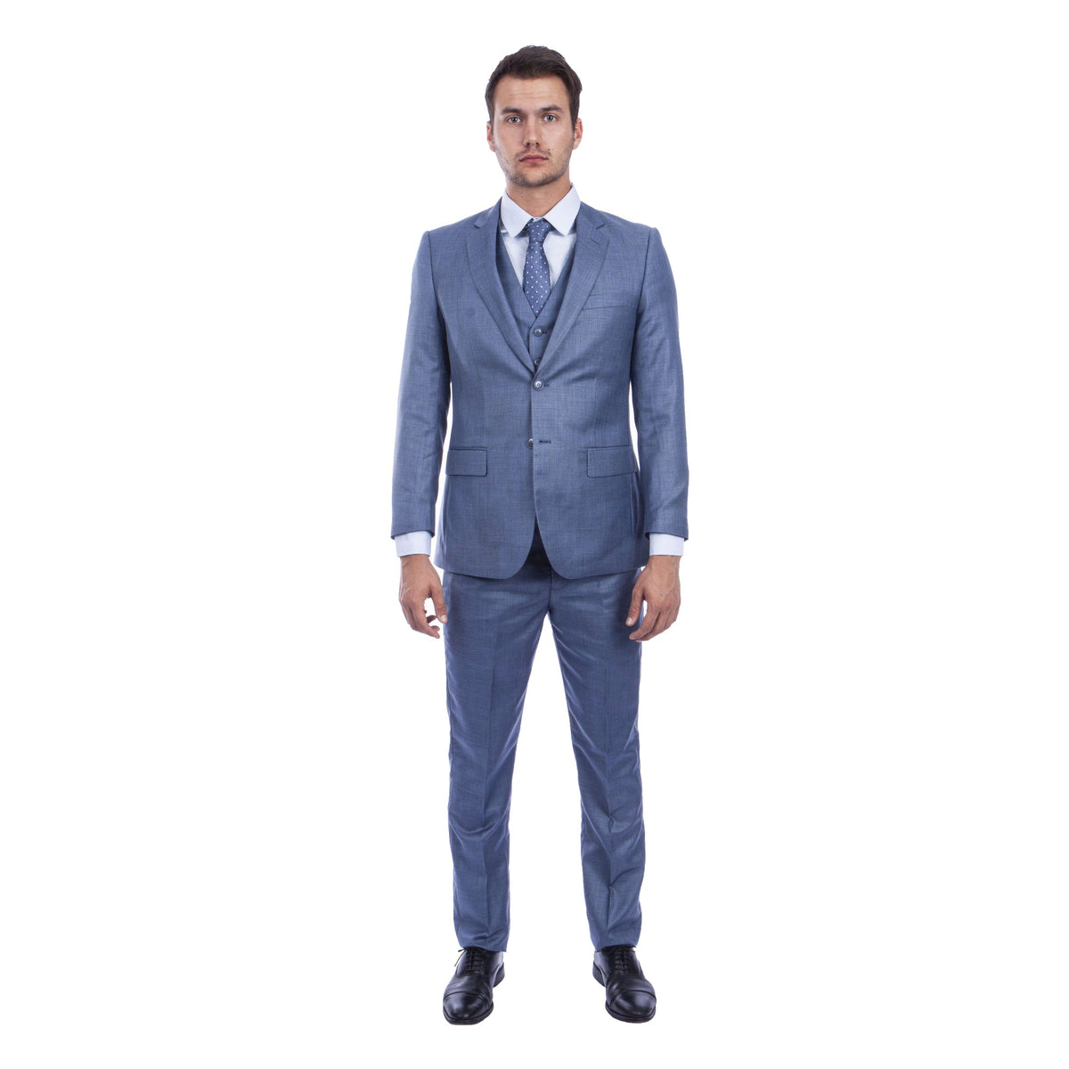 Full-length front view of the ocean blue sharkskin three-piece suit