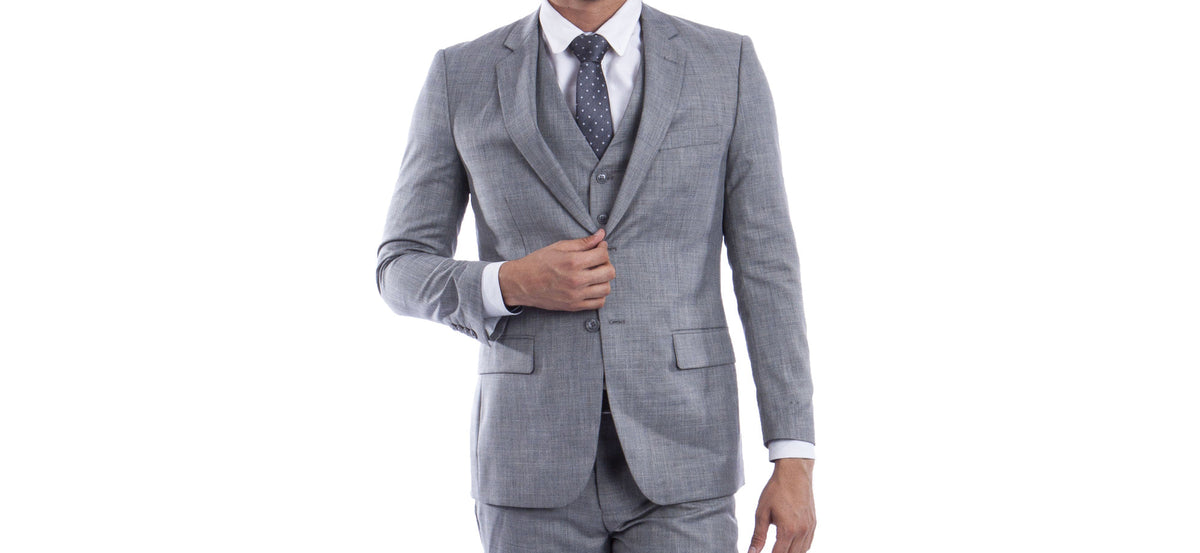 Closer front view of the stone grey suit jacket and vest