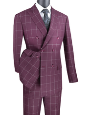 Men’s 2-Piece Windowpane Double-Breasted Modern Fit Suit - Wine