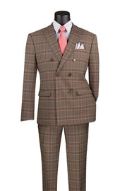 Men’s Glen Plaid Double-Breasted Suit Modern Fit - Brown