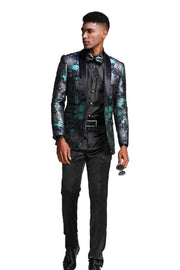 Floral Shawl Collar 1-Piece Blazer - Turquoise