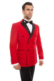 Phantom Collection: Red Double Breasted Tuxedo with Black Satin Peak Lapel – Slim Fit