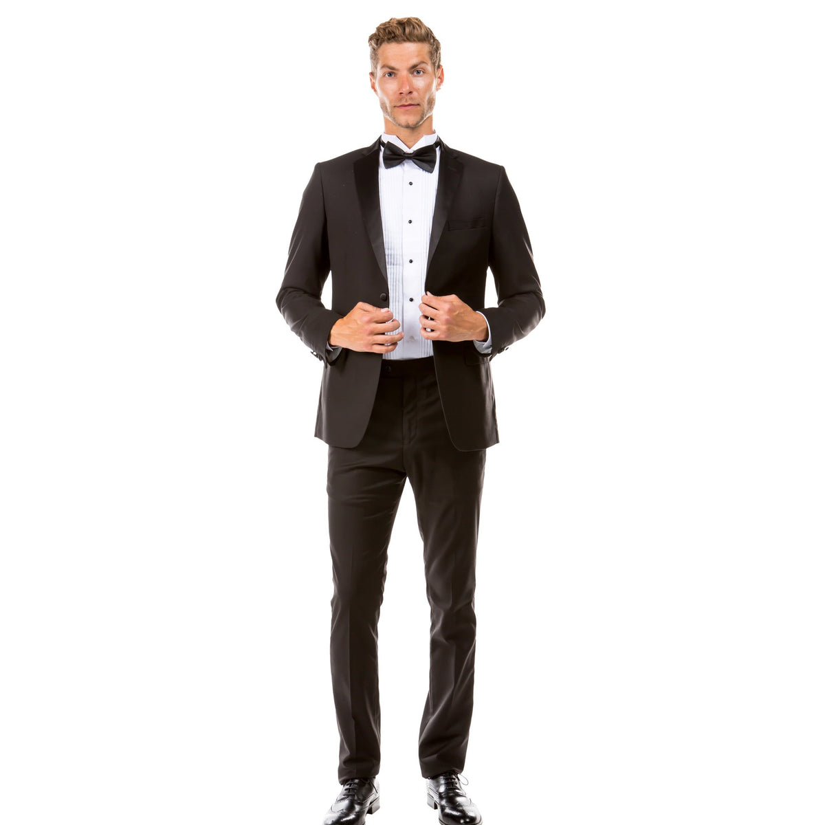 Black hybrid fit two-piece tuxedo on model