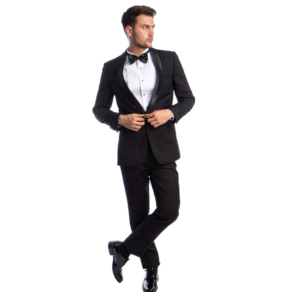 Black slim fit two-piece tuxedo on model