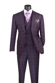 Men’s 3-Piece Windowpane Single-Breasted Modern Fit Suit - Purple