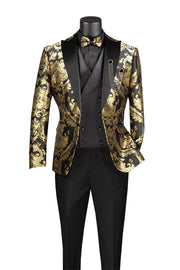 Men’s 3-Piece Jacquard Modern Fit Suit with Satin Lapel Vest - Black and Gold