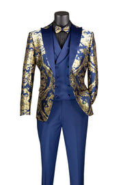 Men’s 3-Piece Jacquard Modern Fit Suit with Satin Lapel Vest - Navy and Gold