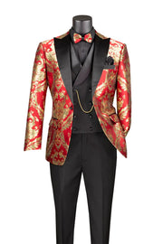 Men’s 3-Piece Jacquard Modern Fit Suit with Satin Lapel Vest - Red and Gold