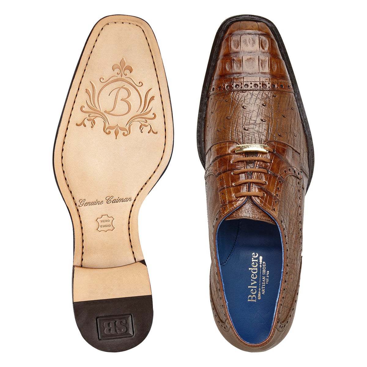 Belvedere Martino Walnut blucher dress shoe — top and outsole views