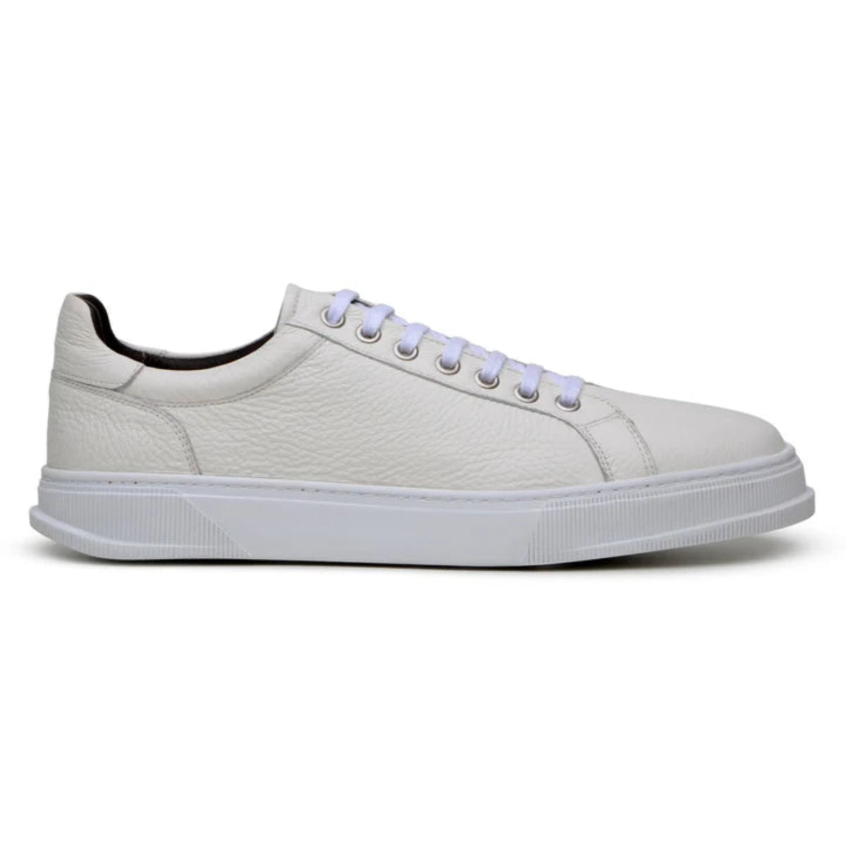 Side view of white Italian deerskin bit loafer