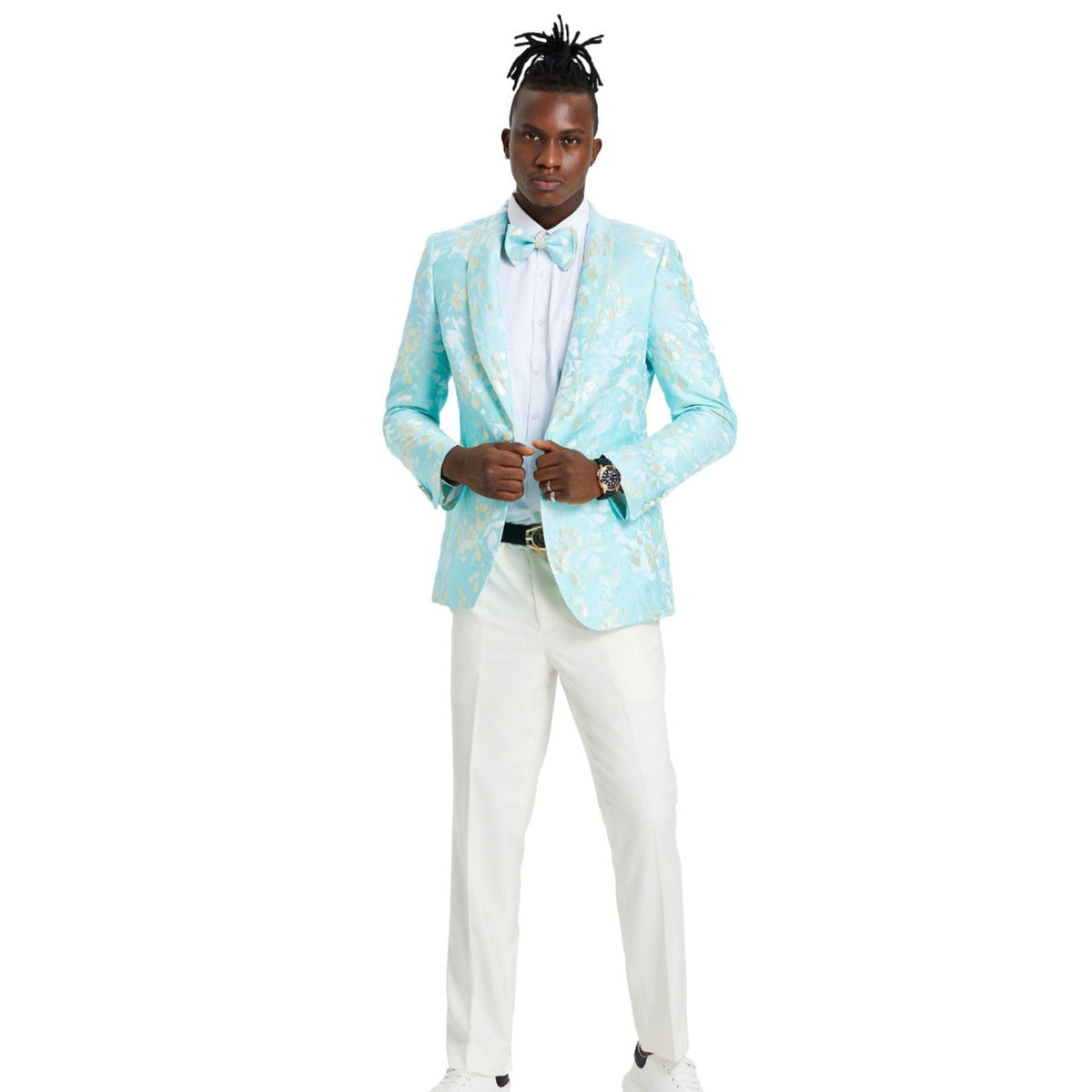 Mint/Yellow shawl collar blazer on model