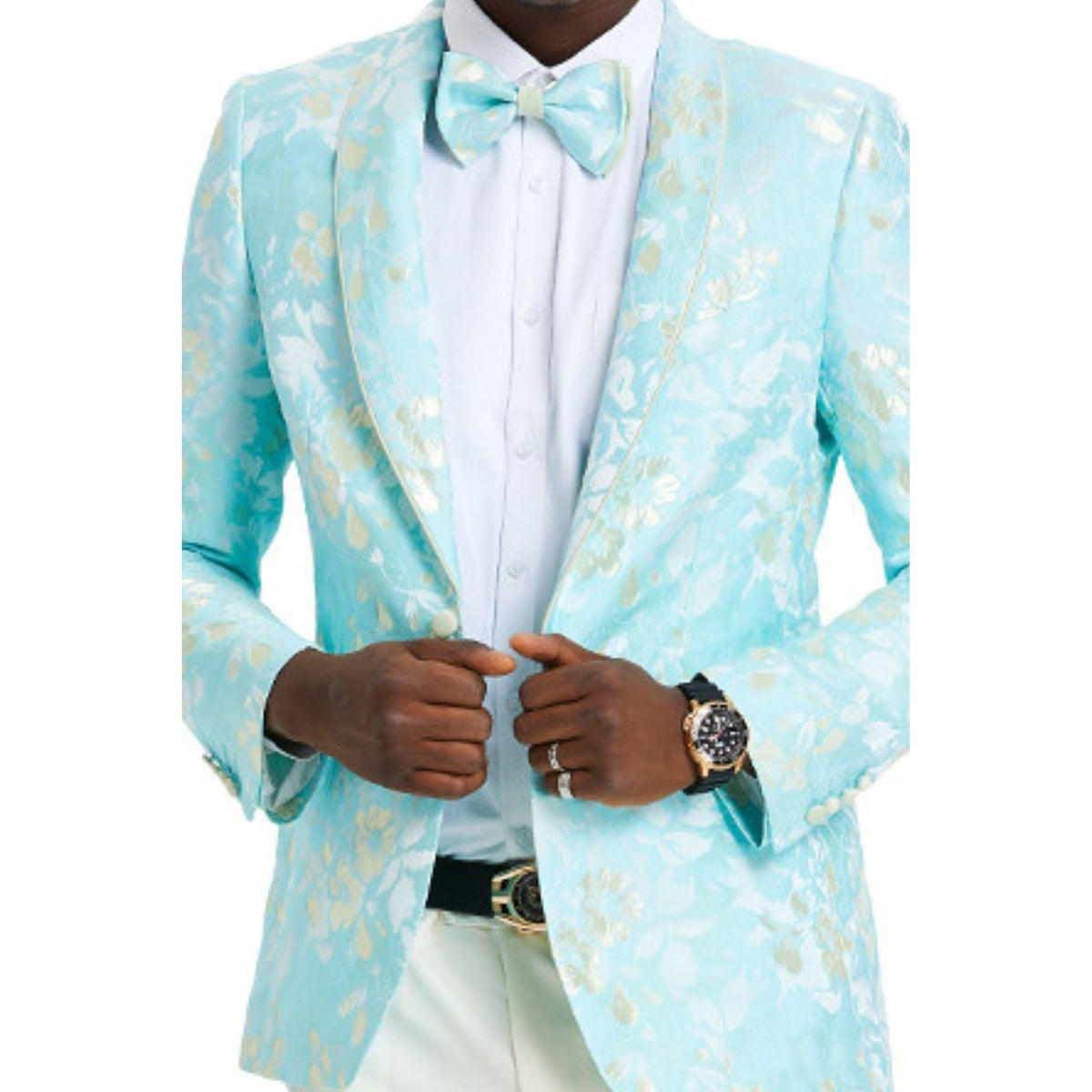 Mint/Yellow shawl collar blazer detail showing shawl collar and floral motif visible in product photographs