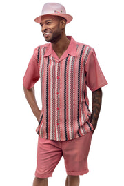 Pink Vertical Weave Pattern 2-Piece Short Sleeve Walking Suit Shorts Set