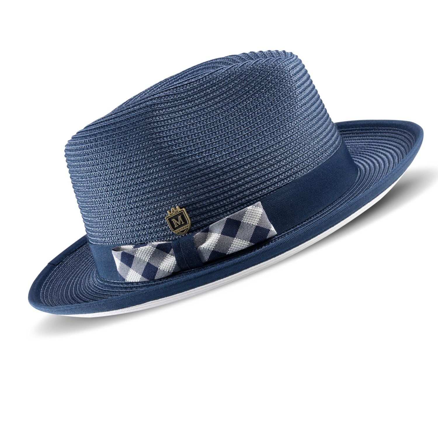 angled view dress fedora navy and white contrast