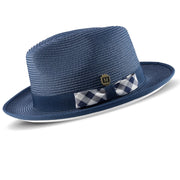 Navy White Bottom Fedora Dress Hat with Plaid Grosgrain Ribbon Pinch Crown