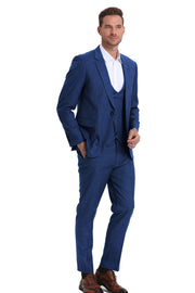 Men’s 3-Piece Slim Fit Textured Suit with Satin Peak Lapel - Navy